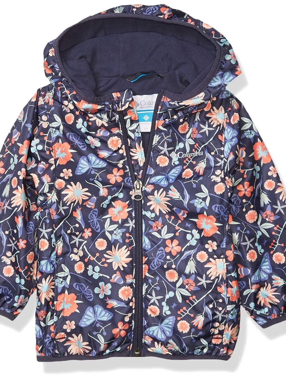 Columbia Navy Floral Hooded Puffer Jacket with Coral Accents